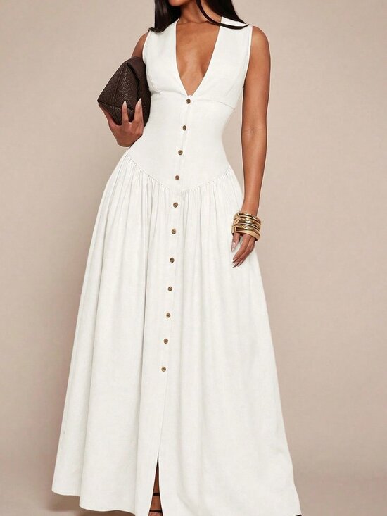 Dresses & Skirts - White Minimalist V-Neck Women's Linen-Blend Cinched Waist Shirt Dress